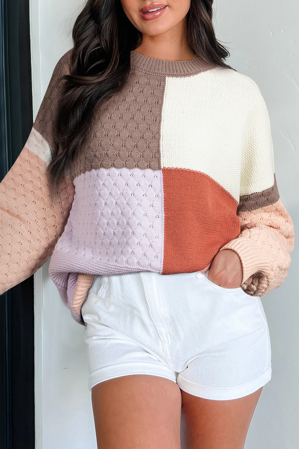 Coffee Mix Texture Colorblock Knit Baggy Sweater – Emerald UV
